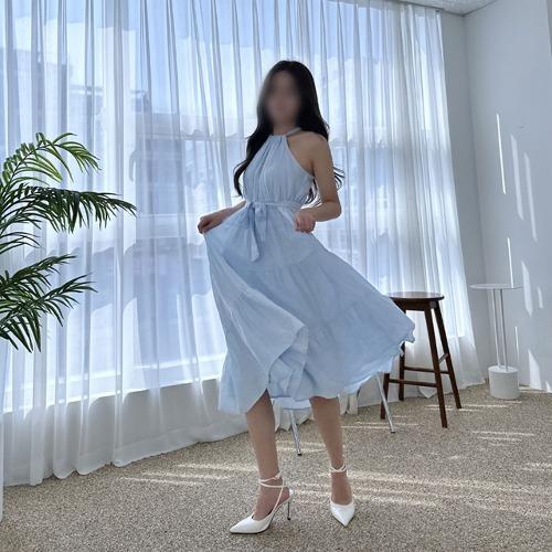 [비치룩] 민소매 홀터넥 나시 캉캉 프릴 리본 휴양지 롱 원피스 (3color)