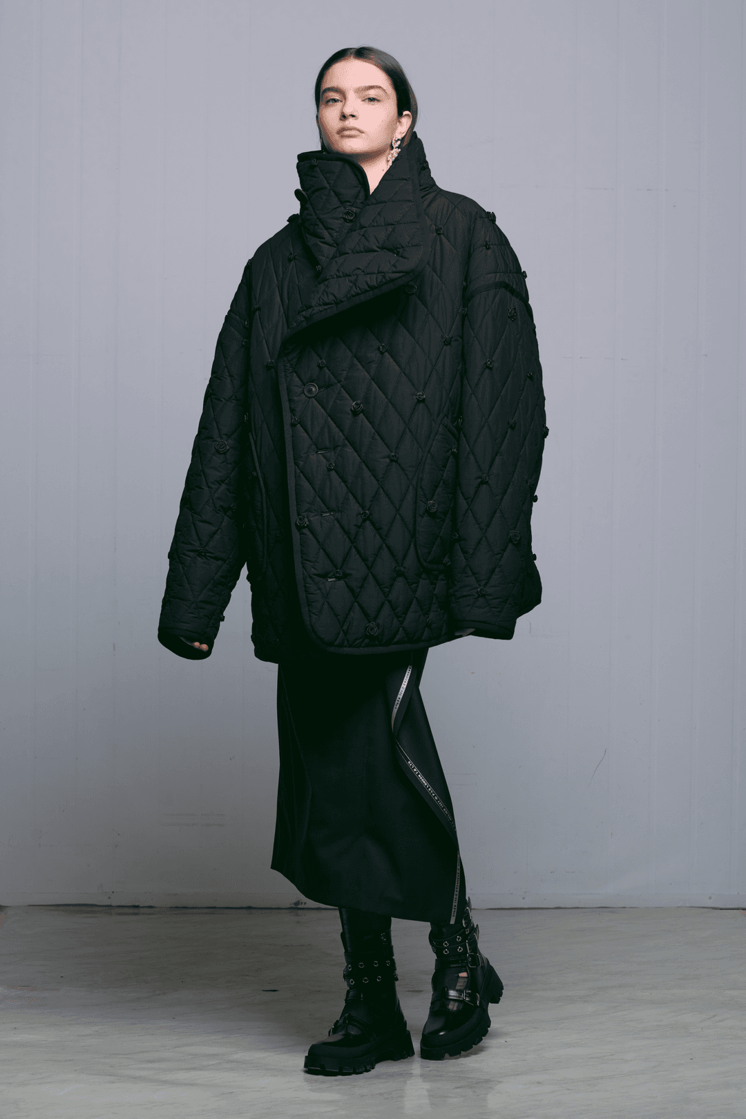 BLACK QUILTED FUNNEL NECK ROSE JUMPER