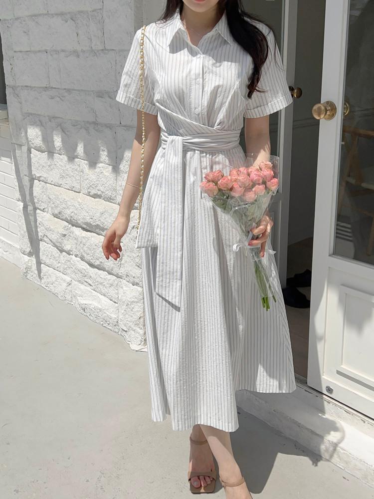 디온 스트라이프 꼬임 리본 카라 셔츠 롱 반팔 원피스 2color
