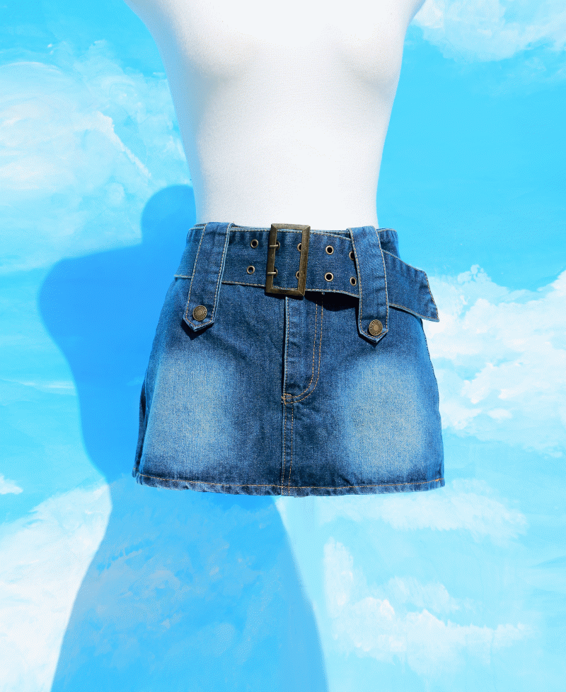 비스크돌 💙3color💙 블루프레임 데님 벨트 H라인 스커트 (연청,중청,흑청,핫걸,y2k,청치마,아이돌룩,로우라이즈)