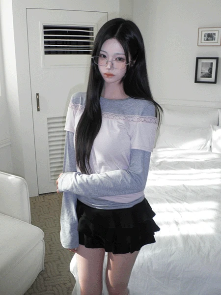 HUG LACE LAYERED TEE (3color)