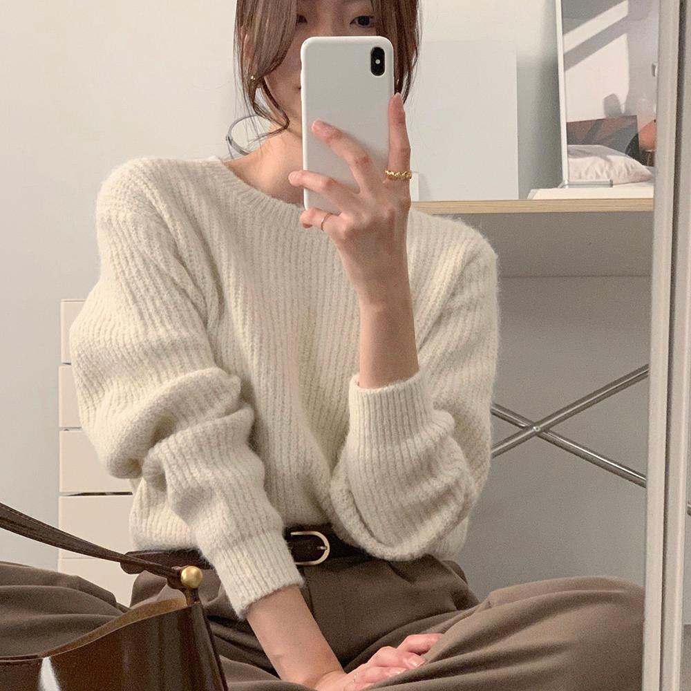 안토니오 겨울 루즈핏 라운드넥 골지 니트 (아이보리)