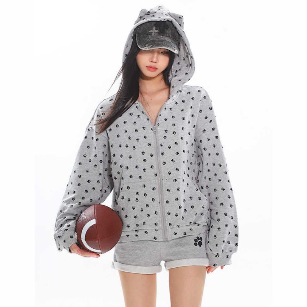 UNCMHISEX 티셔츠 반바지 2SET 고양이 귀 후드 반바지 코디 상품 (그레이)