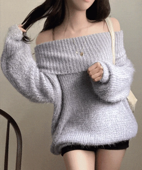 [낙낙여리핏] 날개 솔잎 오프숄더 루즈핏 앙고라 니트