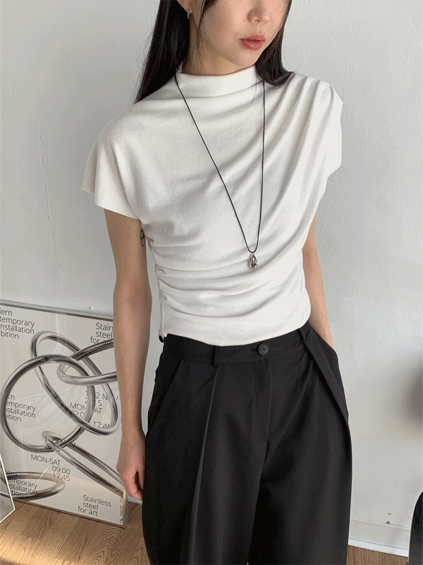 피치기모 셔링 캡소매 반목 폴라 반팔 티셔츠