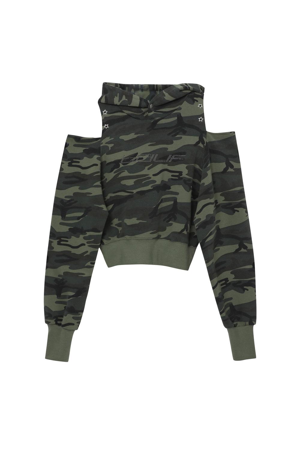 스타 컷아웃 오프숄더 크롭 후드[카모]