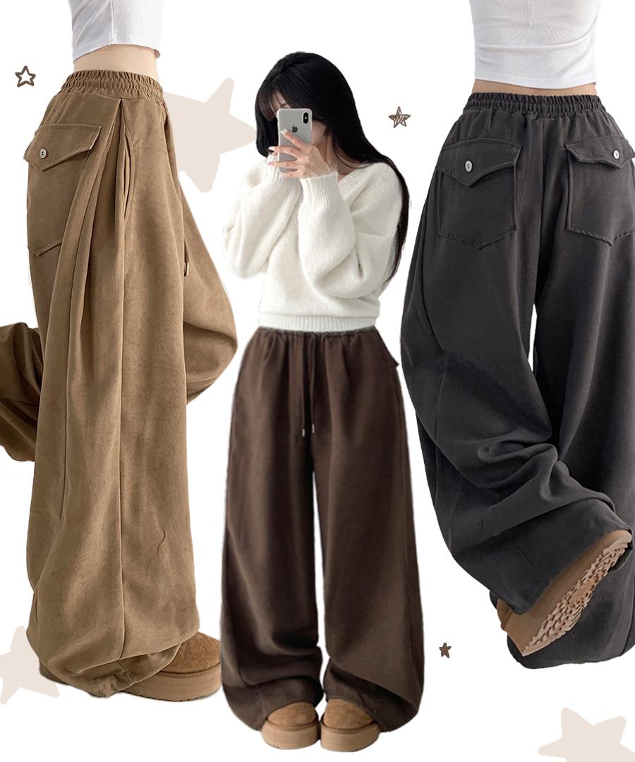 자스민벨 [뒷포켓point!/얼리어텀🍂] 엔지 스웨이드 골지 뒷포켓 사이드 핀턱 투웨이 와이드 조거 트레이닝 팬츠 허리밴딩 백포켓 바지 빈티지 데일리룩 하체커버 하비추천 체형커버 빅사이즈