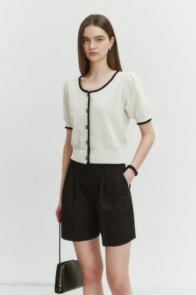 SCOOP NECK PUFF SLEEVE CARDIGAN IVORY / BLACK_UDSW4B224IV