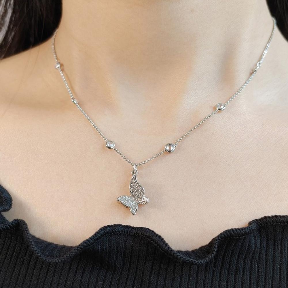 도톰 나비 펜던트 큐빅 체인 데일리 목걸이 2컬러