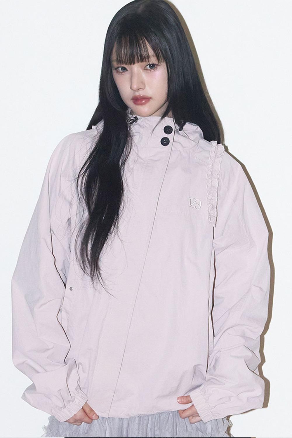 오블리크 프릴 후드 자켓 핑크