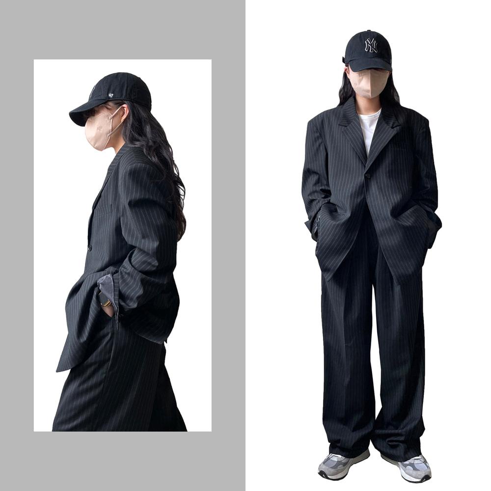 남녀공용 스트라이프 원버튼 오버핏 자켓