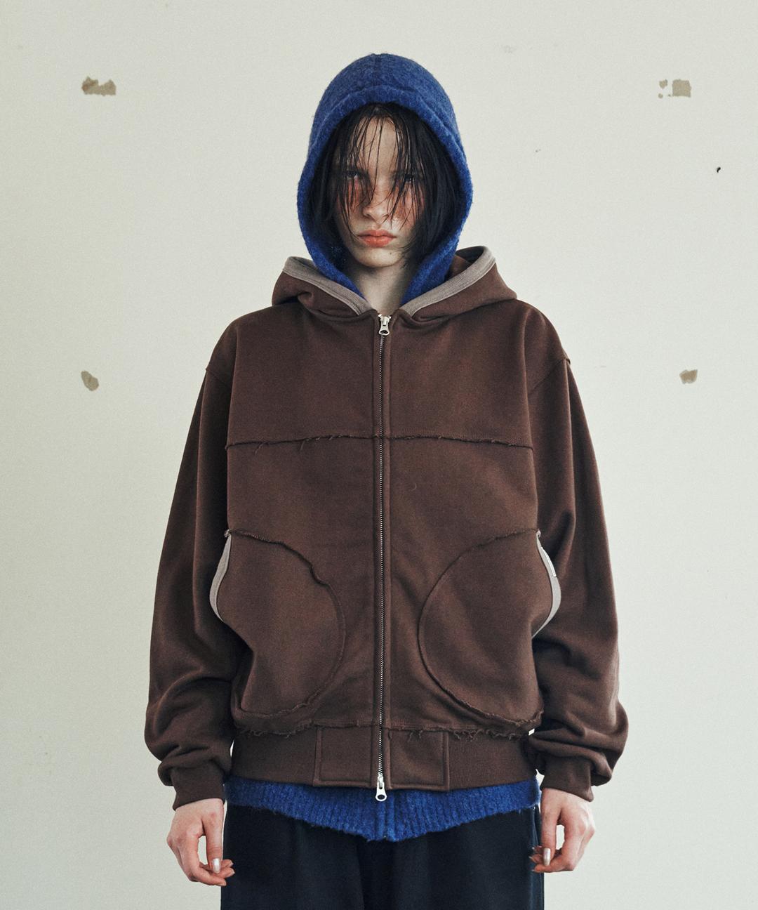 CUT-OFF HOODIE ZIP-UP BROWN