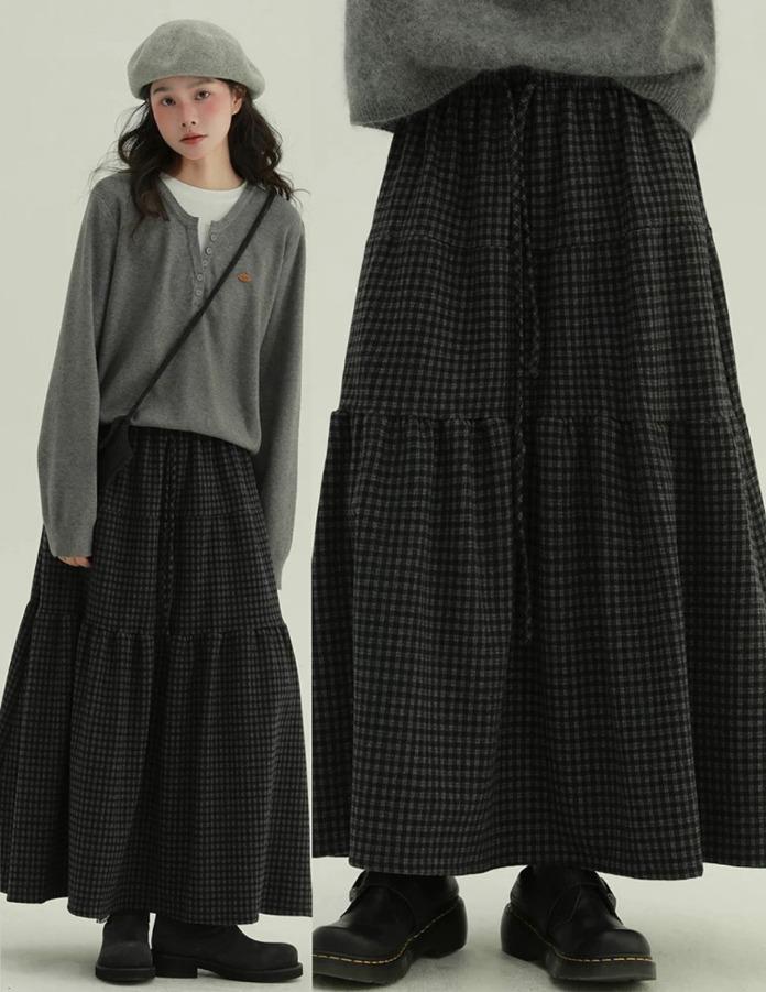 EPIC RARE 두꺼운 플레드 케이크 스커트 (다크 그레이)