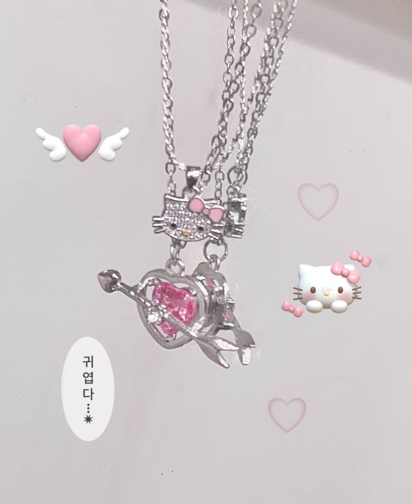 키치 실버 핑크 하트 쥬얼 큐피드 목걸이 / 실버 큐빅 헬로키티 목걸이
