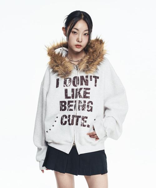 크롭 퍼 후드 집업 - 아이보리