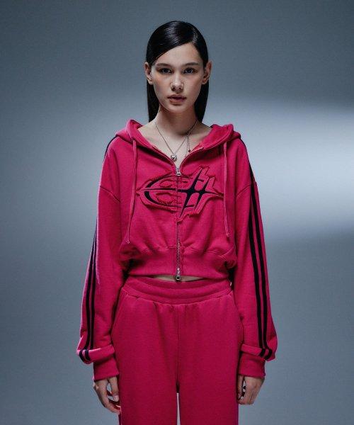 척(CHUCK)  심볼 데미지 크롭 후드집업 (마젠타) - 사이즈 & 후기 | 무신사