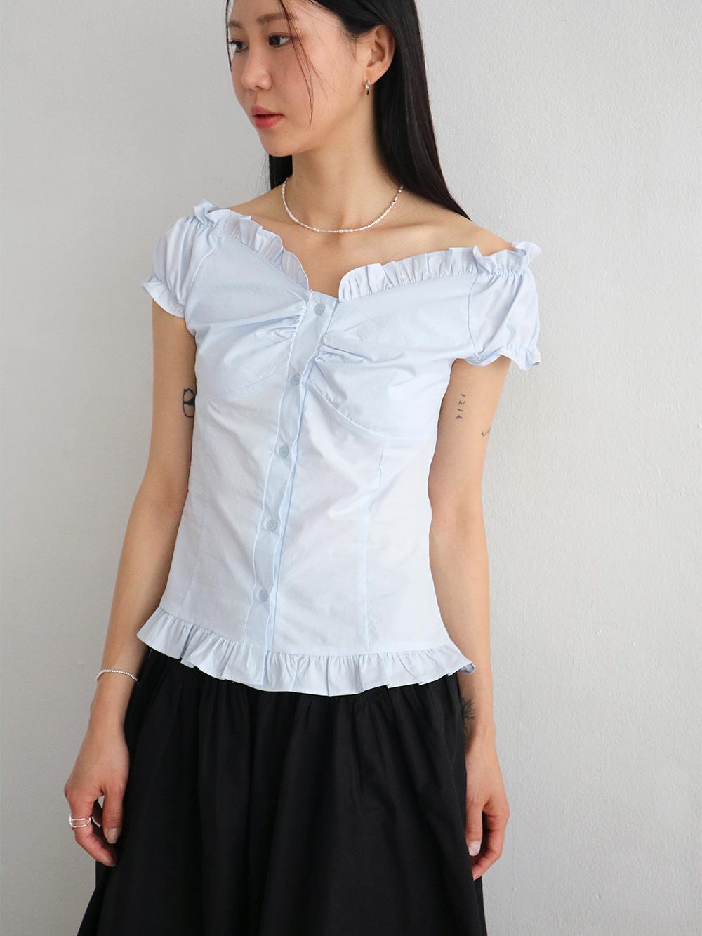 밴딩 오프숄더 러플 반팔 블라우스