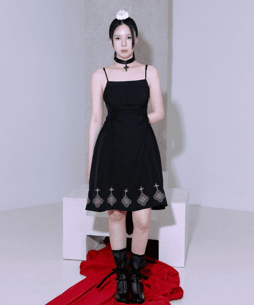 염라화 자수 리본 숏 원피스