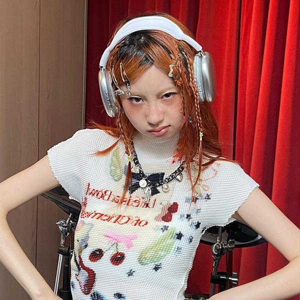 MOF Cat/Star Printed Shirring Shirts Short Sleeve T-shirt