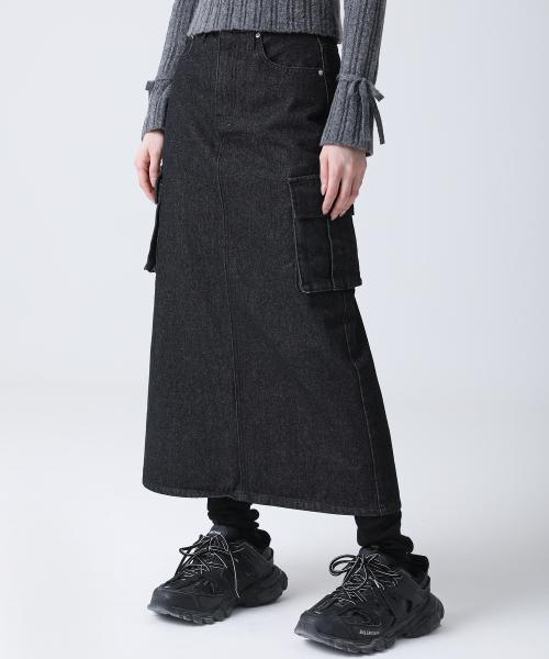 Rynn Pocket Slit Denim Long Skirt BLACK