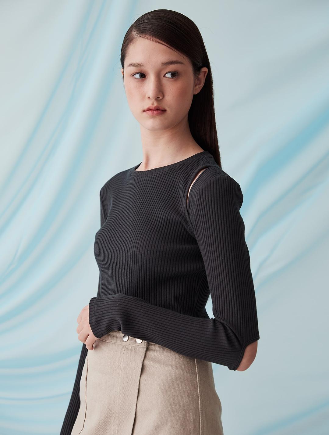 Cut-Out Ribbed Top - Dark Grey