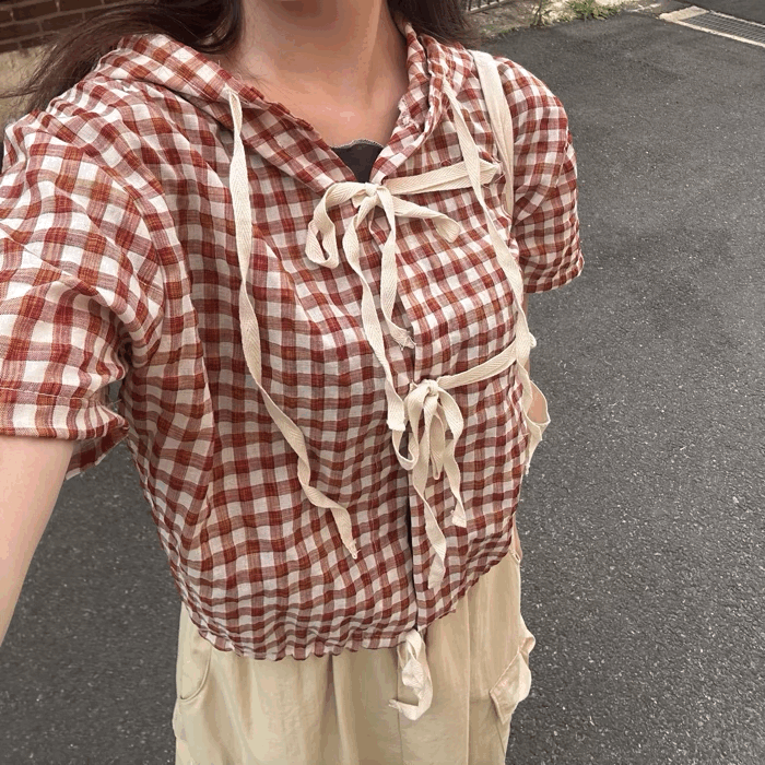 [귀여워요🫧] 에디 후드 빈티지 체크 반팔 셔츠 점퍼