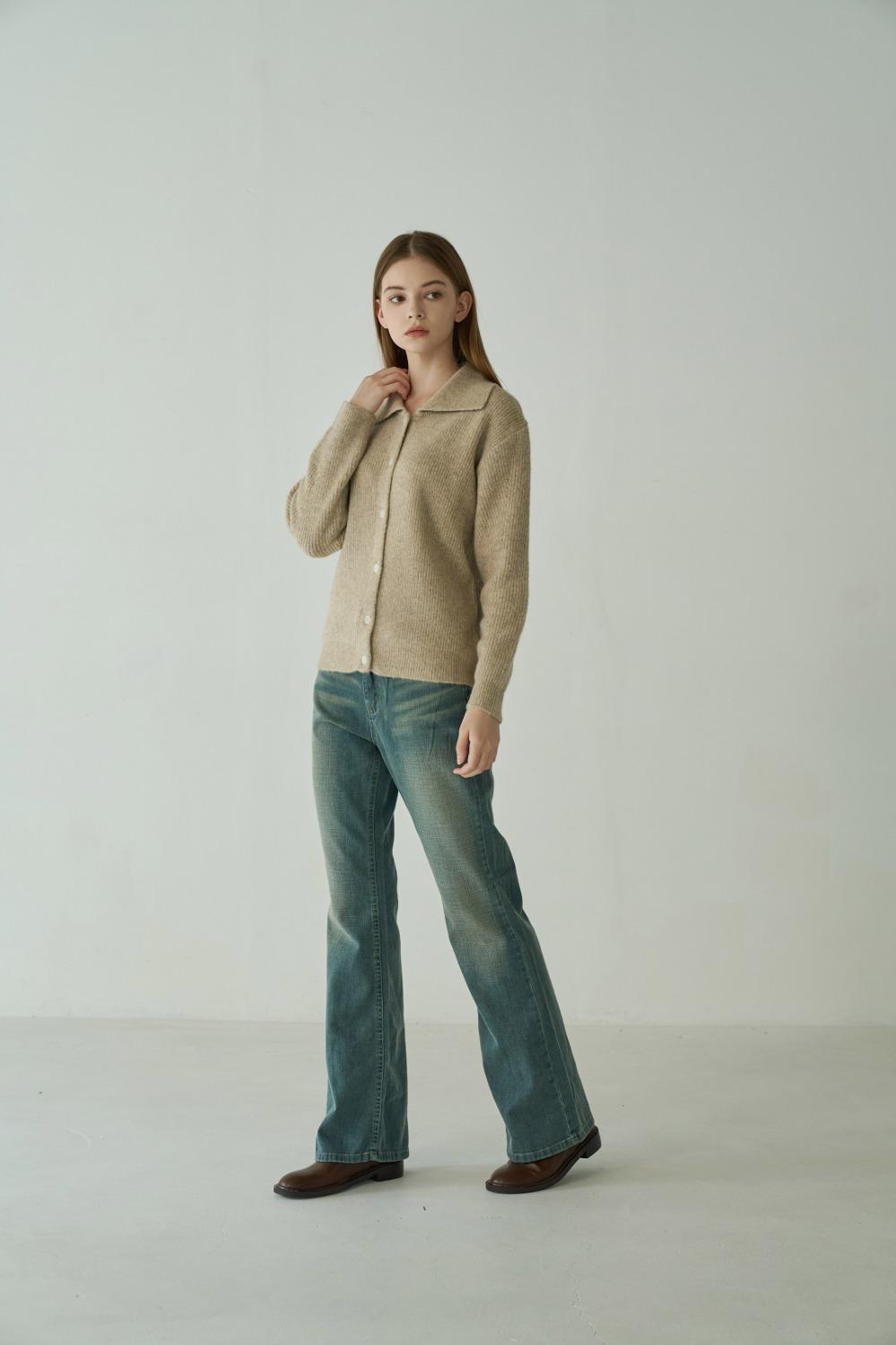 울 블랜디드 리브 카라 가디건_오트밀