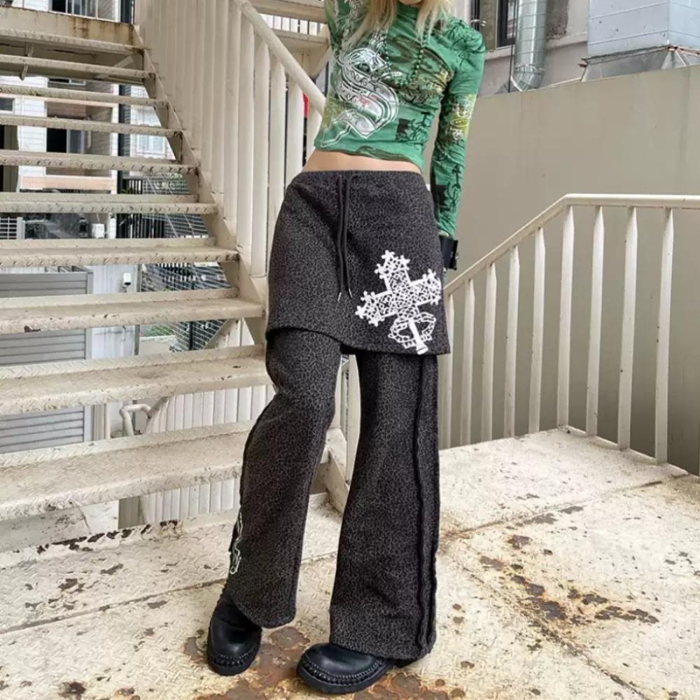 WrongSolution 레오파드 레이어드 팬츠 십자가 밴딩 부츠컷 치마바지