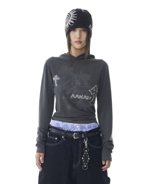 Studded Cross Hooded Long Sleeve (Dark Gray)