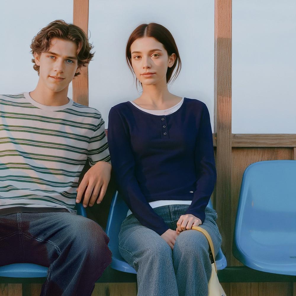 행텐 여성 웨일 헨리넥 슬림핏 레이어드 티셔츠_네이비