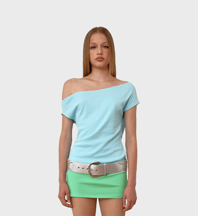 Unbalanced Gingham Off-shoulder Top (Baby Blue)