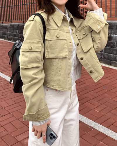 포켓 크롭 데님 야상 자켓 베이지 카키 블랙