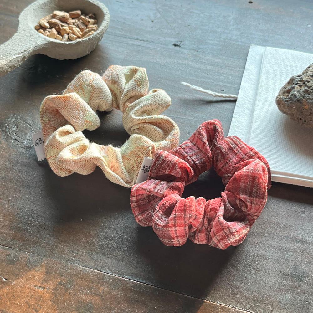 새벽꽃 , 핑크체크 헤어슈슈 곱창 머리끈 hair chou chou