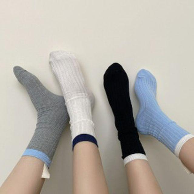1+1 여성 양말 배색 골지 중목 니삭스 학생양말