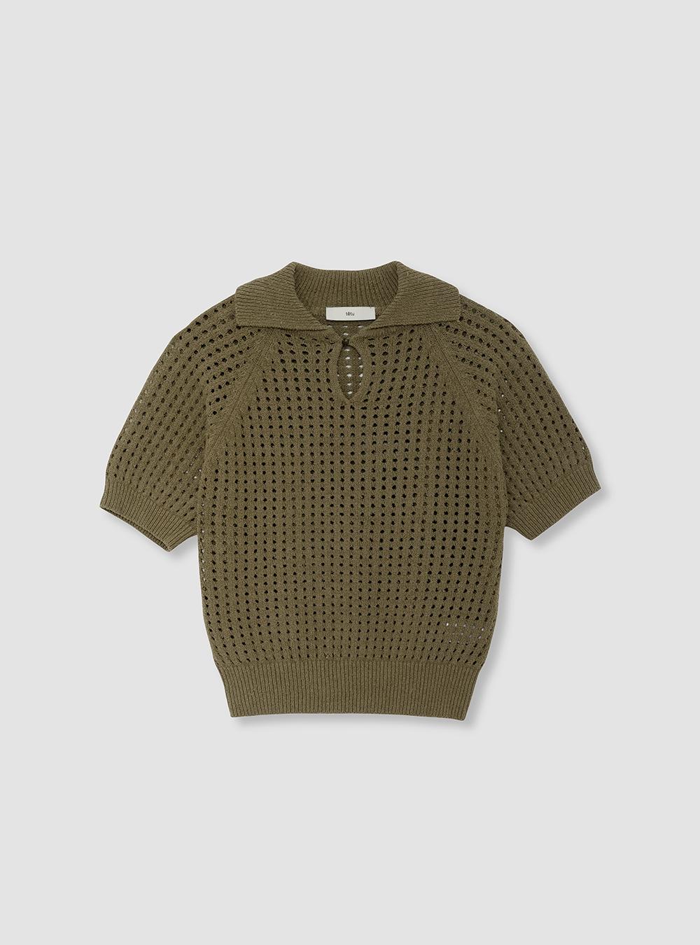 linen collar netted knit (khaki)