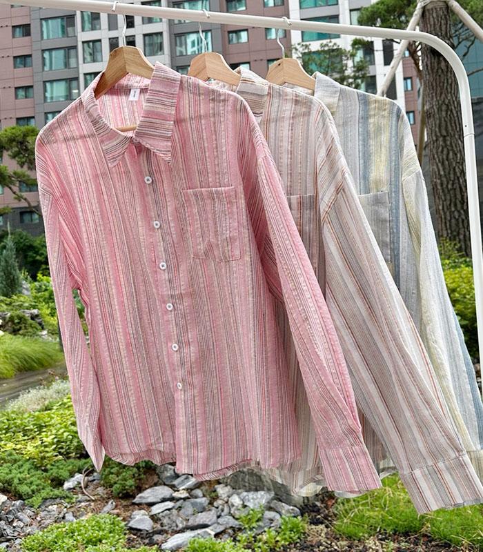 브이루아  ★[MADE(~2XL)💋/고퀄 핫💖아이템] 하버 오버핏 스트라이프 시어서커 가을셔츠/가을남방★봄/여름셔츠/가을셔츠/스트라이프/오버핏/가을남방/빅사이즈/체형커버/살안타템/데일리