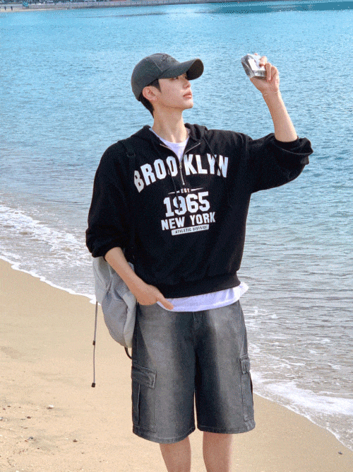 [세미 크롭] 웨이브 반집업 후드