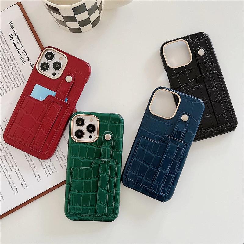 Wristband Stand Holder Wallet PU Leather Phone Case for iPhone 14 14Pro Max 13 12 11 Pro Crocodile Pattern Card Pocket Cover