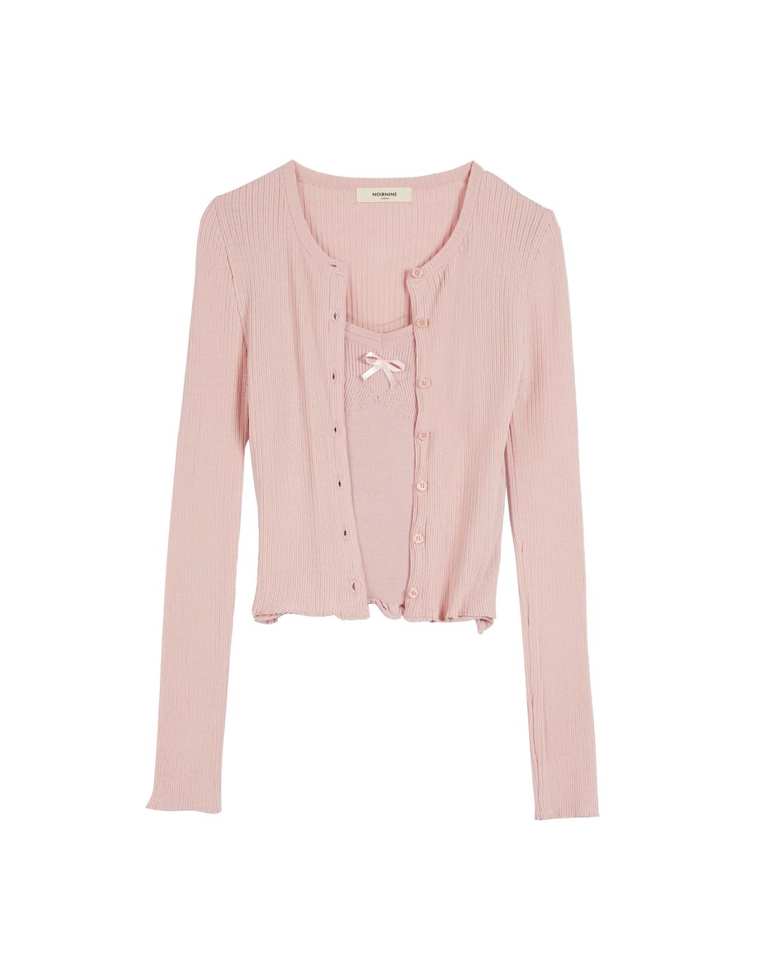 Ribbon Point Cardigan & Sleeveless [PINK]