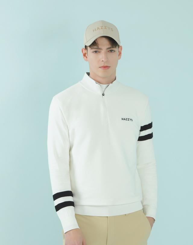 화이트 남성 라인배색 쿼터집 스웨터