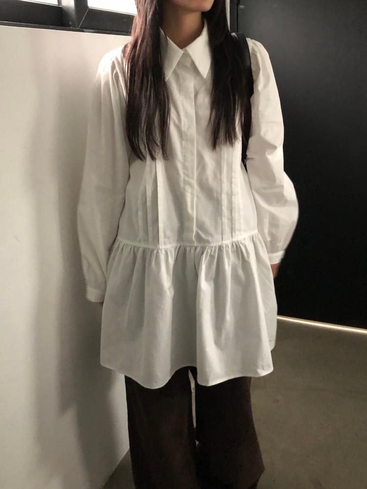 리브 핀턱 카라 원피스 2color
