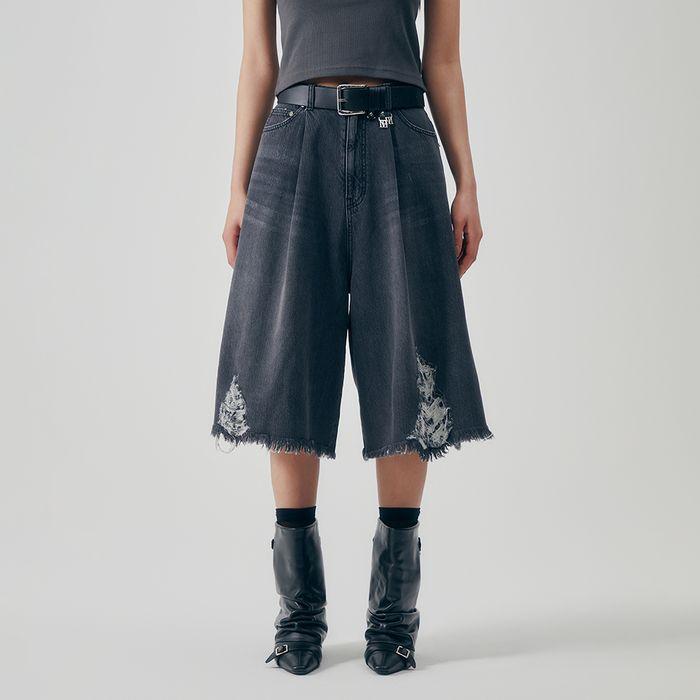 Distressed Square Denim Set-up Shorts [ Gray ]