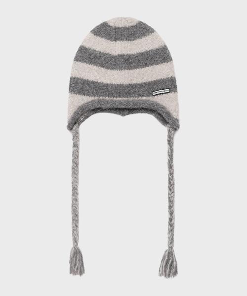 EAR FLAP STRIPE BEANIE GREY