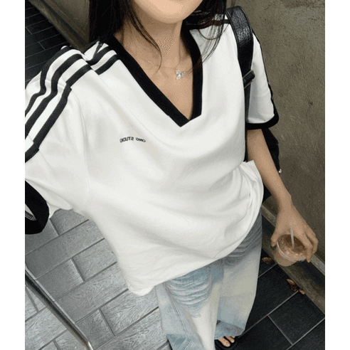Banhany 테로 브이넥 배색 오버핏 반팔 티셔츠 1color - 상의류 | 쿠팡