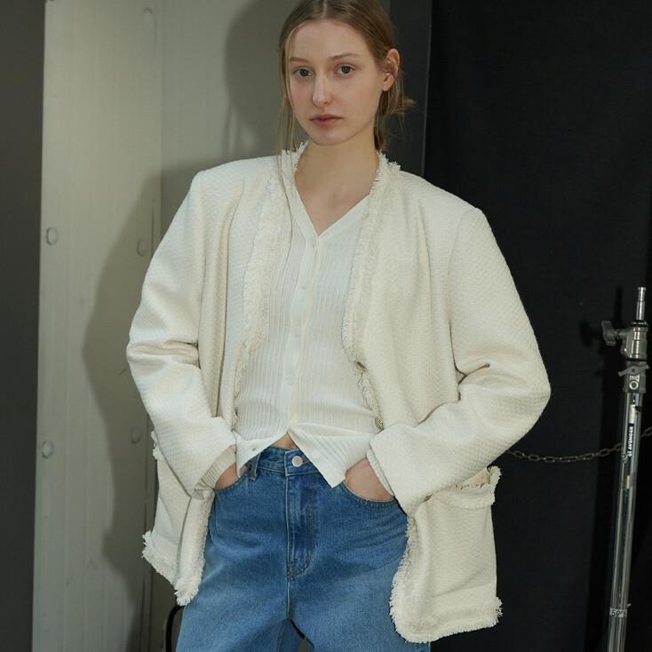 FRINGE V NECK TWEED JACKET - IVORY