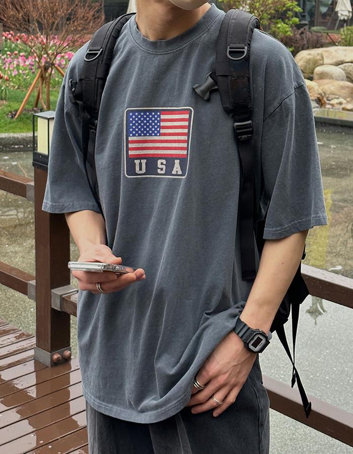 피그먼트 USA 프린팅 하프 티셔츠 (4Color)