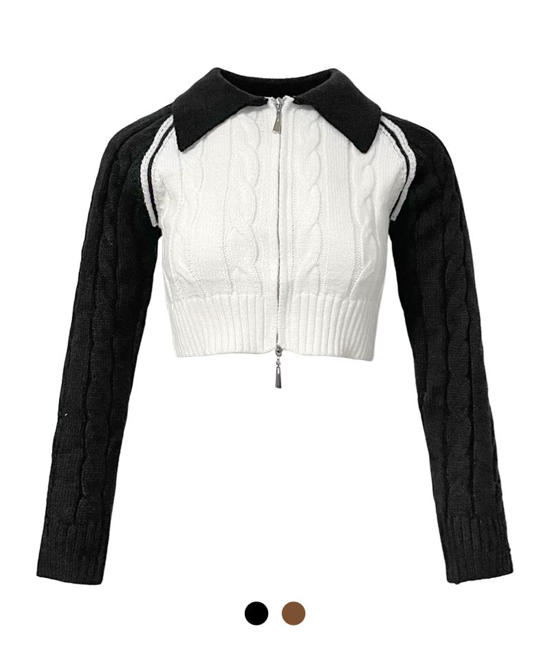 뉴욕 꽈배기 니트 크롭 집업