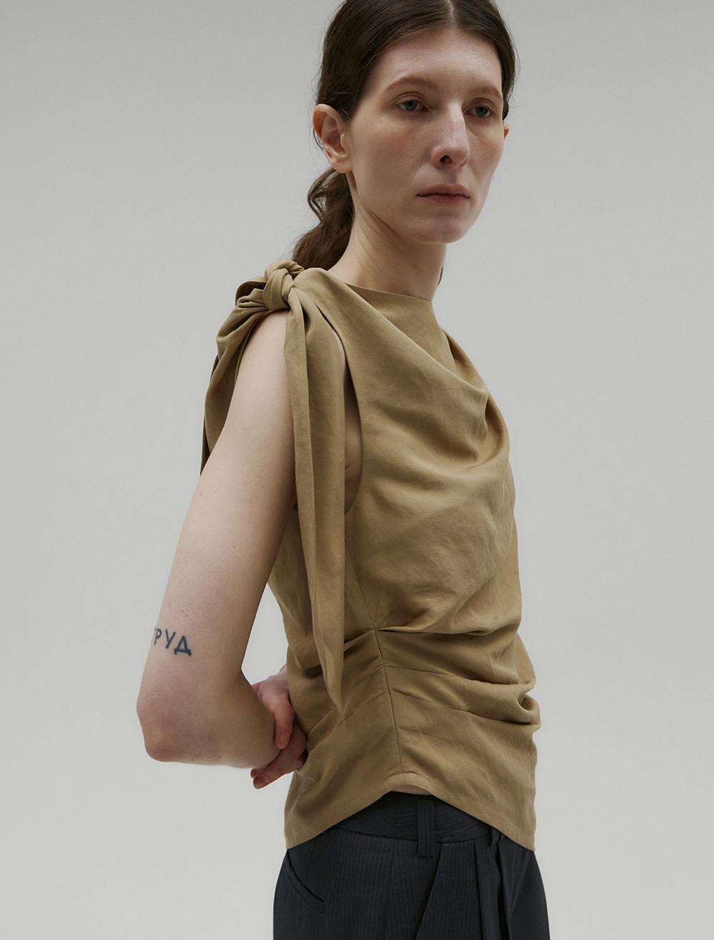 LINEN DRAPING TIED BLOUSE [BEIGE]