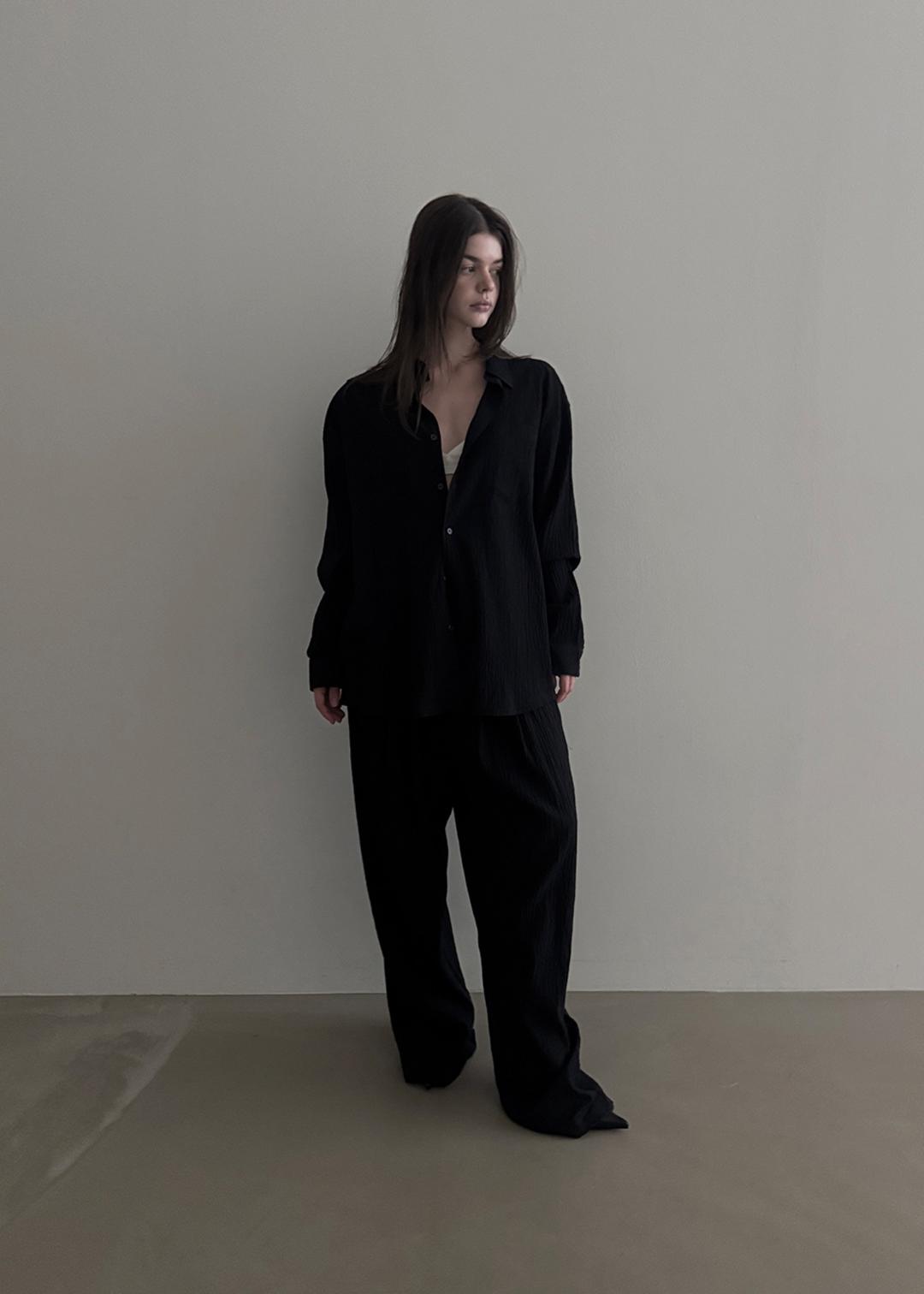 WRINKLE LOUNGE SETUP SHIRT [BLACK]