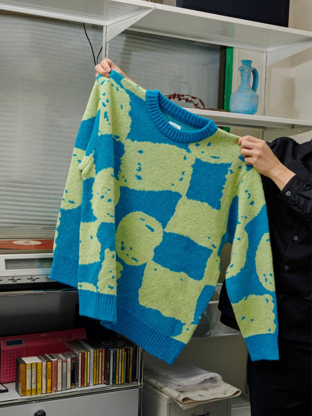 Alpaca Checker Knit Sweater - Turquoise blue & Neon